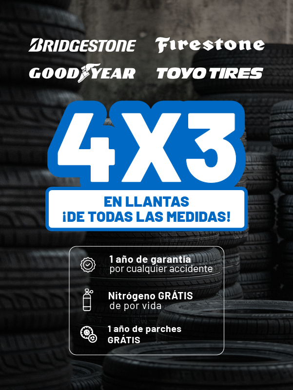 Banner de promoción 4x3 en llantas Bridgestone, Firestone, goodyear y toyo tire. Ofrece 1 año de garantía por cualquier accidente, llenado con nitrogeno, 1 año de parche mediano, todo totalmente gratis por la compra de esta promoción.