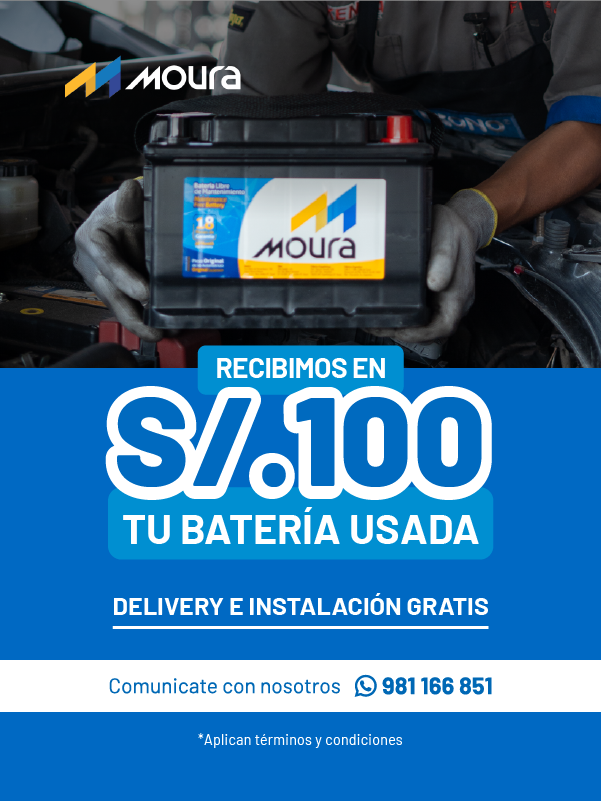 Recibimos en 100 soles tu batería usada si compras una batería Moura. Aplican términos y condiciones. 