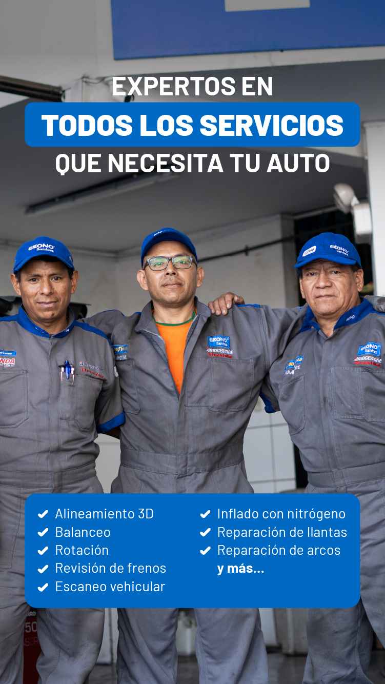 Expertos en todos los servicios que necesita tu auto. 
Alineamiento 3D, Balanceo, Rotación de llantas, Revisión de frenos, Escaneo vehicular, inflado con nitrógeno, reparación de llantas, reparación de aros y más..